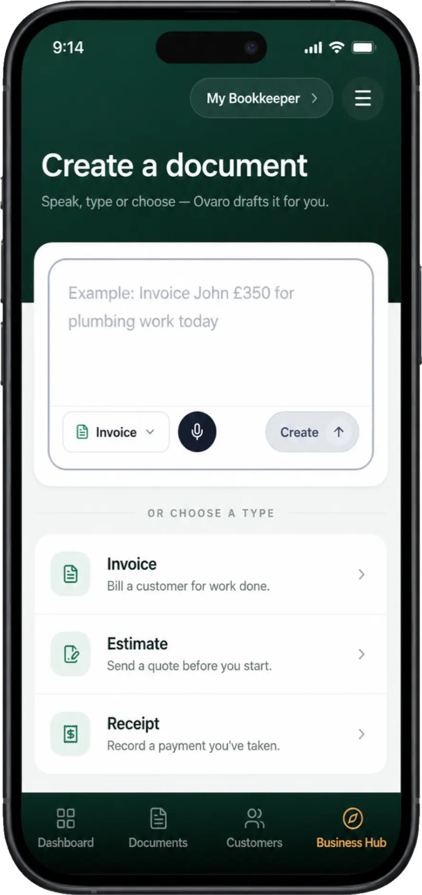 The Create a document screen in Ovaro on a phone: speak or type the job, or choose invoice, estimate or receipt