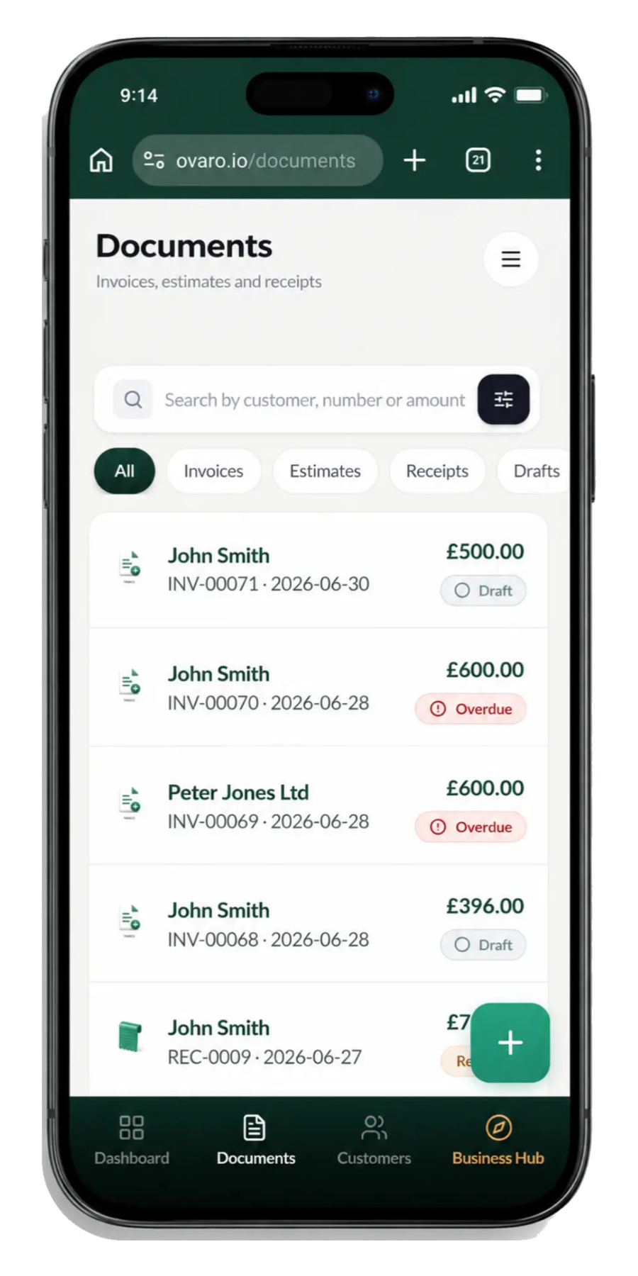 The Ovaro Documents screen on a phone, listing invoices and receipts with amounts and Draft, Overdue and Receipt labels