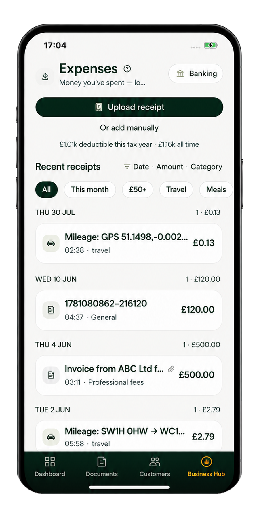 The Ovaro Expenses screen on a phone showing deductible totals and receipts grouped by day