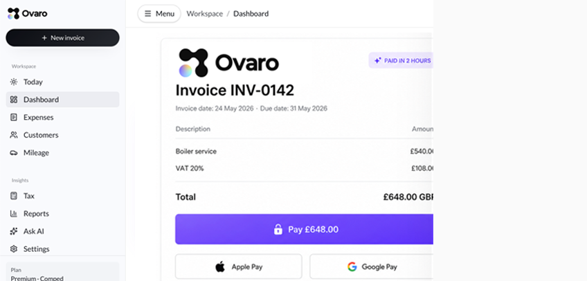 Ovaro hosted invoice payment page with Pay, Apple Pay and Google Pay buttons