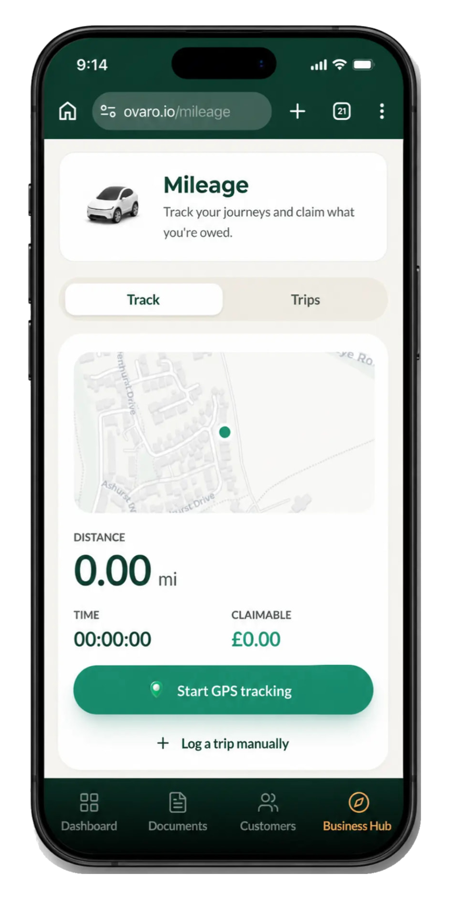 The Ovaro Mileage screen on a phone showing distance, time, claimable amount and a Start GPS tracking button
