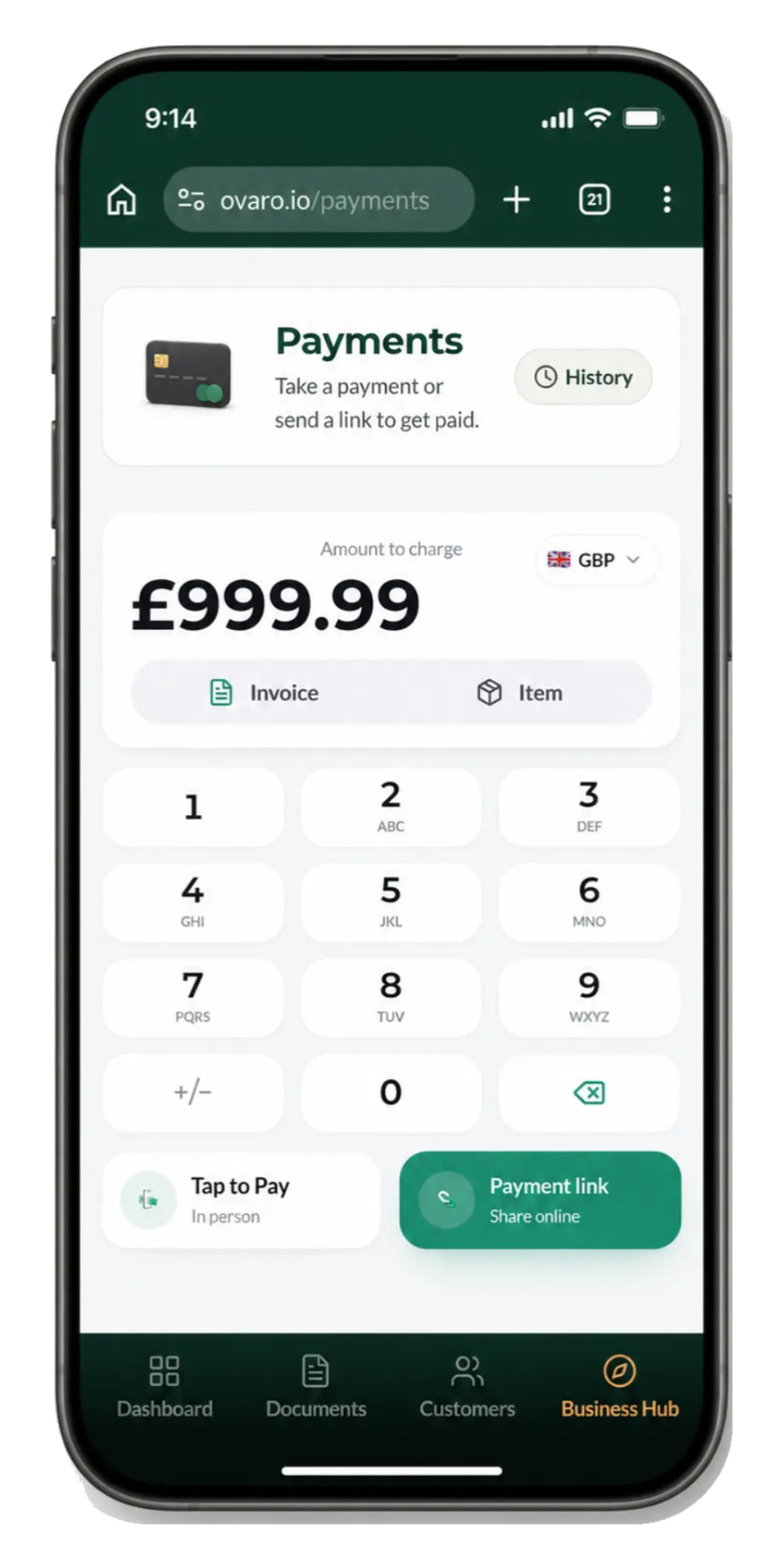 The Ovaro Payments screen on a phone with an amount keypad and Tap to Pay and Payment link buttons