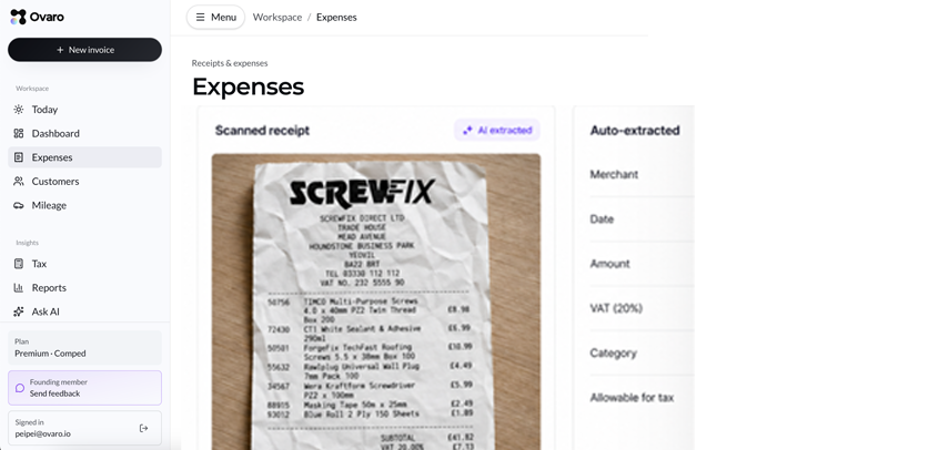 Ovaro Expenses page showing a scanned Screwfix receipt with AI-extracted fields
