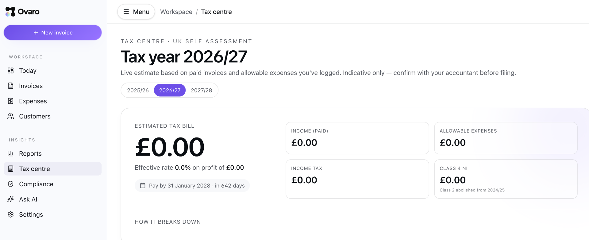 Ovaro Tax centre showing Self Assessment estimate, allowable expenses and quarterly MTD updates